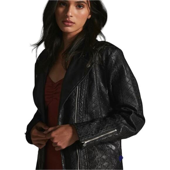 Anthropologie Women’s Faux Leather Perforated Eyelet Moto Jacket Size L Black
